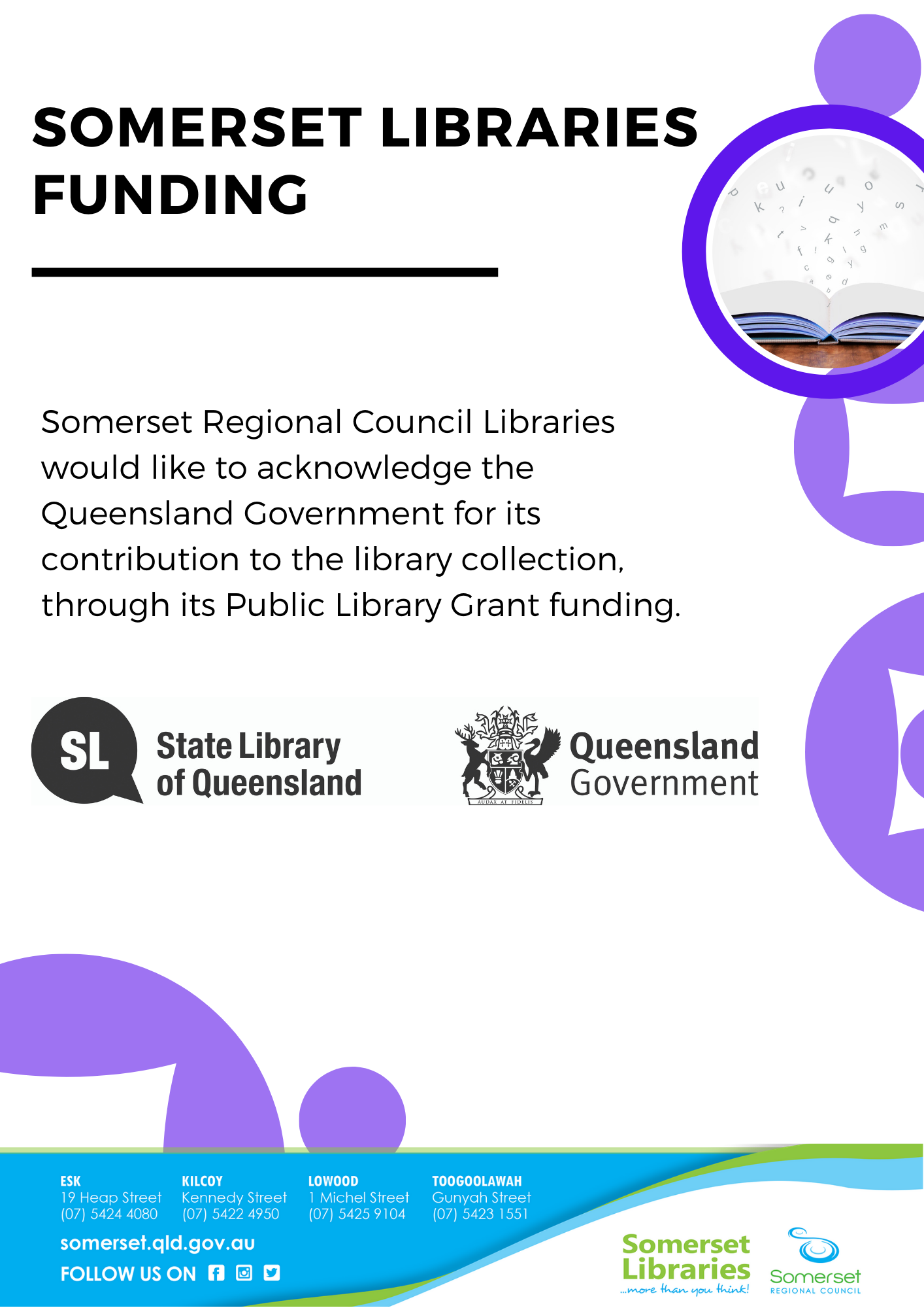 Somerset Libraries
Funding: Somerset Regional Council Libraries would like to acknowledge the Queensland Government for its contribution to the library collection, through its Public Library Grant funding.
State Library of Queensland