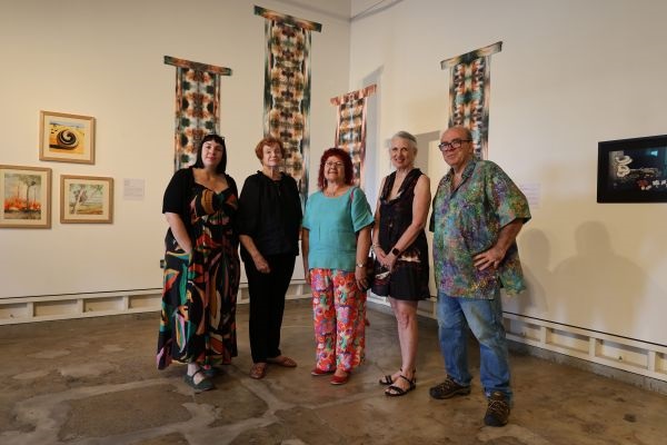 Somerset artists Naomi McKenzie, Shirley Gregor, Cassandra Hodgins, Sandi Hook and Jim Filmer at the opening for Volatile Terrain.